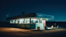 Old Diner In The Middle Of The Desert At Night. Created With Generative AI