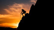 © Luca - A silhouetted mountain climber on a gigantic cliff face lit by the setting sun, the sky shades of orange and blue - Generative AI
