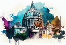 St. Peter's Basilica, Vatican. Watercolor Style Illustration By Generative AI.