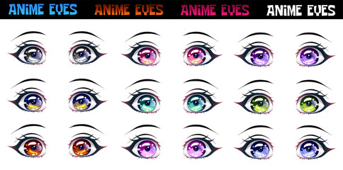 Set of female eyes of different colors in the style of manga.