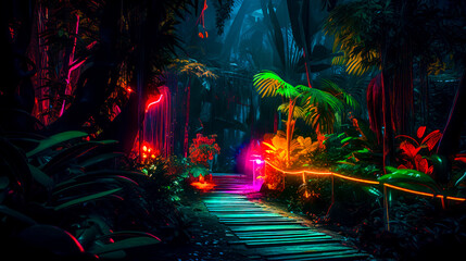 Sticker - Pathway in the middle of jungle with neon lights. Generative AI.