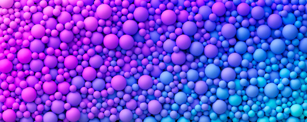 Wall Mural - Many dreamy blue purple vibrant neon gradient random bright soft balls background. Huge pile of colorful neon balls in different sizes. Vector background