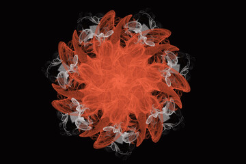 Wall Mural - Orange floral pattern of crooked waves on a black background. Abstract fractal 3D rendering