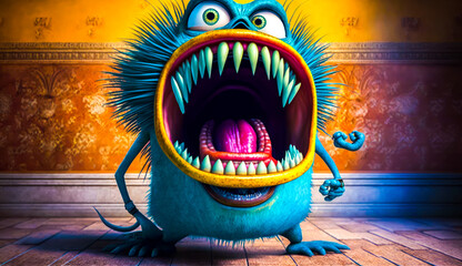 Wall Mural - Blue monster with its mouth open and teeth wide open. Generative AI.