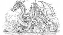 Coloring Book Of Dragon For Children And Adults. Illustration Isolated On White Background - Generative AI Technology