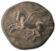 antike griechische Silbermünze aus Korinth: Pegasus, das geflügelte Pferd 
