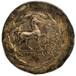 antike griechische Münze aus Kyme: aufgezäumtes Pferd ohne Reiter im Lorbeerkranz