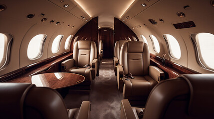 Interior of luxurious private jet with leather seats. Generative AI