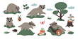 Cute badger Character. Cute woodland animals collection. Hand drawn vector illustration set badgers, forest animals, trees, mushrooms isolated