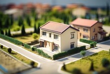 Miniature Model Of A House On The Background Of The City. Generative AI