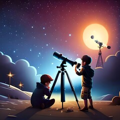 night scene of two boy outdoors, llittle boy looking through a telescope at stars in the sky, digital art style, illustration painting -