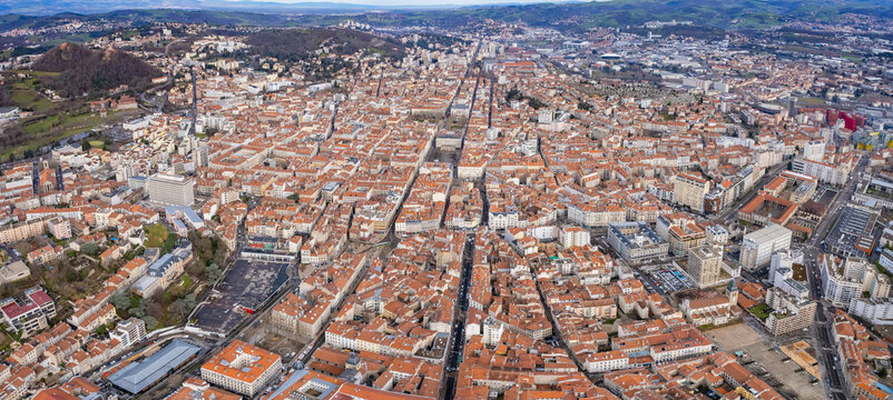 Aerial view around the old town of the city Saint-Etienne France on a sunny day in early spring.