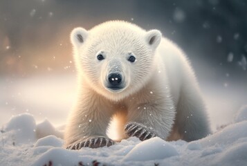 Wall Mural - Cute baby polar bear in snow winter. Generative AI