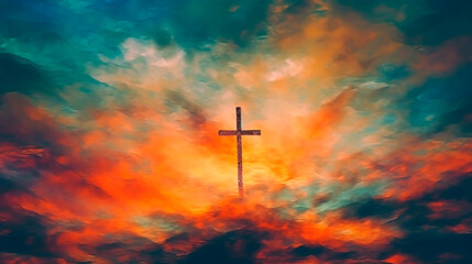 Wall Mural - Blurry abstract background of Painting in watercolor depicting a conceptual cross or other religious symbol over a sky at sunset with clouds as God. Generative AI