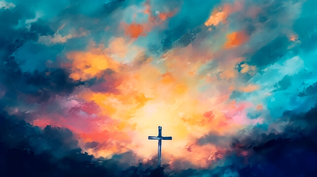 Blurry abstract background of Painting in watercolor depicting a conceptual cross or other religious symbol over a sky at sunset with clouds as God. Generative AI