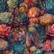 Seamless floral background with various succulent types, vintage botany books style, AI generative