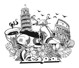 italian vespa illustration black and white italian travel illustration vector