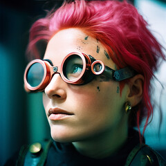 Portrait of young woman with pink hair wearing steampunk glasses - generative ai