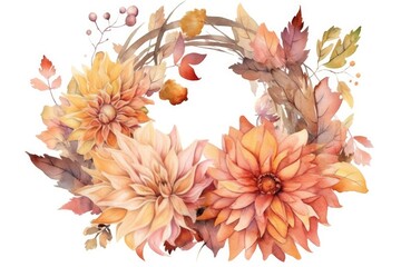 Canvas Print - colorful wreath made of various flowers painted in watercolor. Generative AI