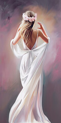 Wall Mural - beautiful bride in long white dress with floral crown - by generative ai