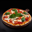 Caprese - Eine Pizza mit Tomatensauce, Mozzarella-Käse und Tomaten (z. B. Kirschtomaten), Basilikum und Olivenöl als Topping.