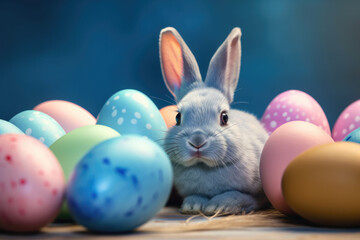 Wall Mural - Cute grey baby bunny sitting in front of a pile of colored and decorated Easter eggs, straw, dark blue background, blue and green pink eggs