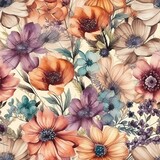 Fototapeta Kwiaty - seamless pattern with flowers, water color, generative ai, generative, ai