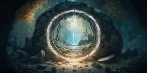 Wall Mural - Subdued-light stone circle rock crystal mineral magical realism raster graphic of a teleportation gateway in a woodland clearing water and soil, the elements Generative AI