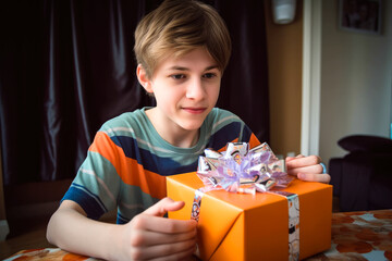 Teenage boy receiving his birthday present. High quality generative ai