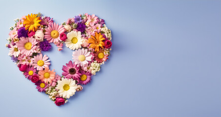 Wall Mural - Heart shaped with colorful flowers on pastel isolated background.Top view.Copy and text space.Created with generative ai