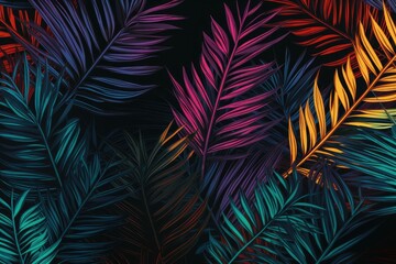 Poster - Illustration of colorful palm leaves on a black background. Generative AI