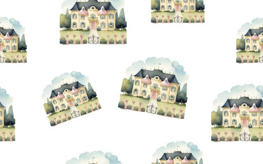 Wall Mural - seamless pattern Watercolor cute rural houses and trees. Village architecture landmark, old buildings, countryside summer, old european town. Transparent Background. Generative AI