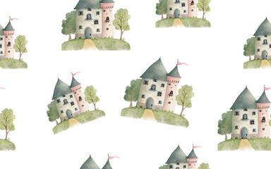 Wall Mural - seamless pattern Watercolor cute rural houses and trees. Village architecture landmark, old buildings, countryside summer, old european town. Transparent Background. Generative AI