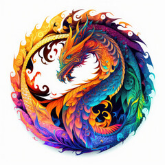 Wall Mural - Ornate dragon mandala graphic in bright neon colors in a fiery circle, on a white background.  Illustration created with Generative AI.