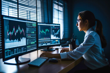 Factory and business digitization - Female engineer working on digital technology with data analysis, and AI algorithms to improve business operations, high quality generative ai
