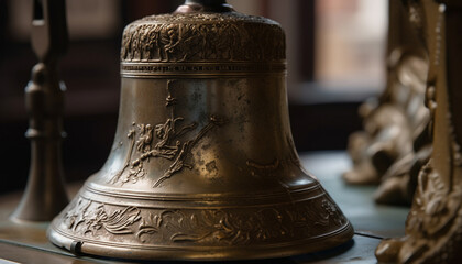 Wall Mural - Bronze handbell, ancient culture, ornate decoration, religious tradition generated by AI