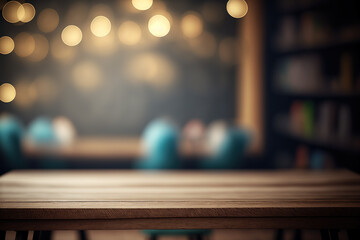 Rustic wooden table in a classroom setting, perfect for displaying educational products or designs. Table-top view on blurred background with empty tables and atmospheric light. Flawless