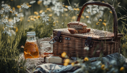 Wall Mural - Fresh picked fruit in a wicker basket generated by AI