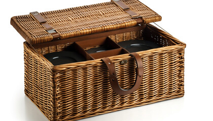 Poster - Woven wicker picnic basket with leather handle generated by AI