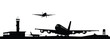 © Flatman vector 24 - Airport with plane and facilities silhouette vector, transportation concept illustration for background.