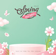 Spring Sale Header or Banner Design Promotion layout with fresh bloom flowers and butterfly elements product display cylindrical shape