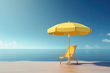 Poster - Illustration of two chairs and a yellow umbrella on a sandy beach with ocean waves in the background. Generative AI