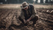 Farmer suffering from depression dealing with stress and anxiety caused by financial, economic and environmental pressures of farming. Man crouching down in dry field with defeated stance.