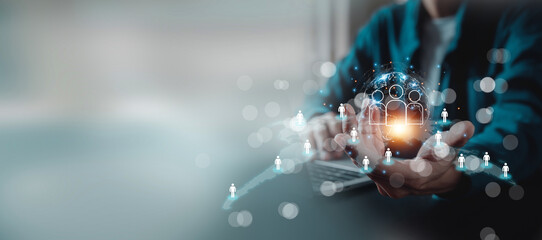 HR Human resources Recruitment Team Staff management Business concept.  Relationship Management, with global structure Human Resources HR management recruitment employment headhunting concept.