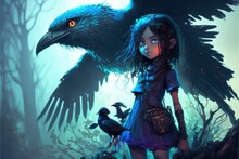 A Small Girl And Her Large Crow Stand In A Blue Forest With Luminous Trees. Fantasy Concept , Illustration Painting. Generative AI