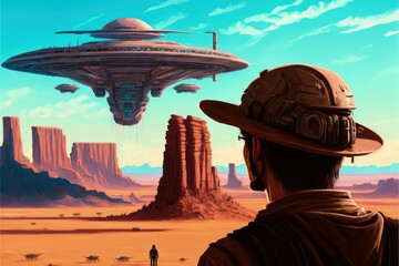 Wall Mural - A man and a robot surveying a new colony on an alien planet, embodying the concept of exploration and adventure. Fantasy concept , Illustration painting. Generative AI