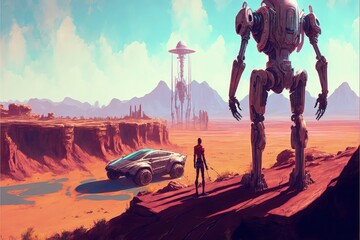 Wall Mural - A human and a machine inspecting a fresh settlement on an extraterrestrial world, representing exploration and thrill. Fantasy concept , Illustration painting. Generative AI