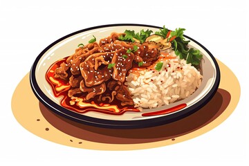 Sticker - delicious meal with juicy meat and fluffy rice on a plate. Generative AI