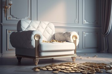 Canvas Print - white chair in front of a heap of golden coins implying wealth and luxury. Generative AI