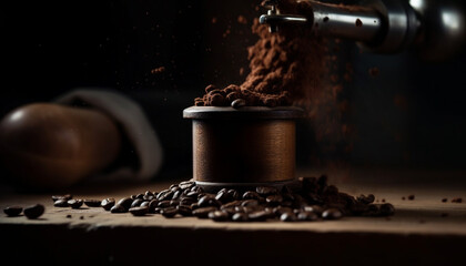 Poster - Close up of freshly ground coffee beans in burlap generated by AI